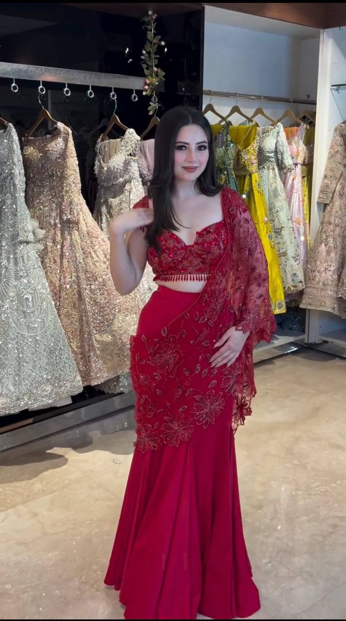 Red Ready-to-Wear Lehenga Saree Set with Sequins Embroidery – Designer Party Wear for Women