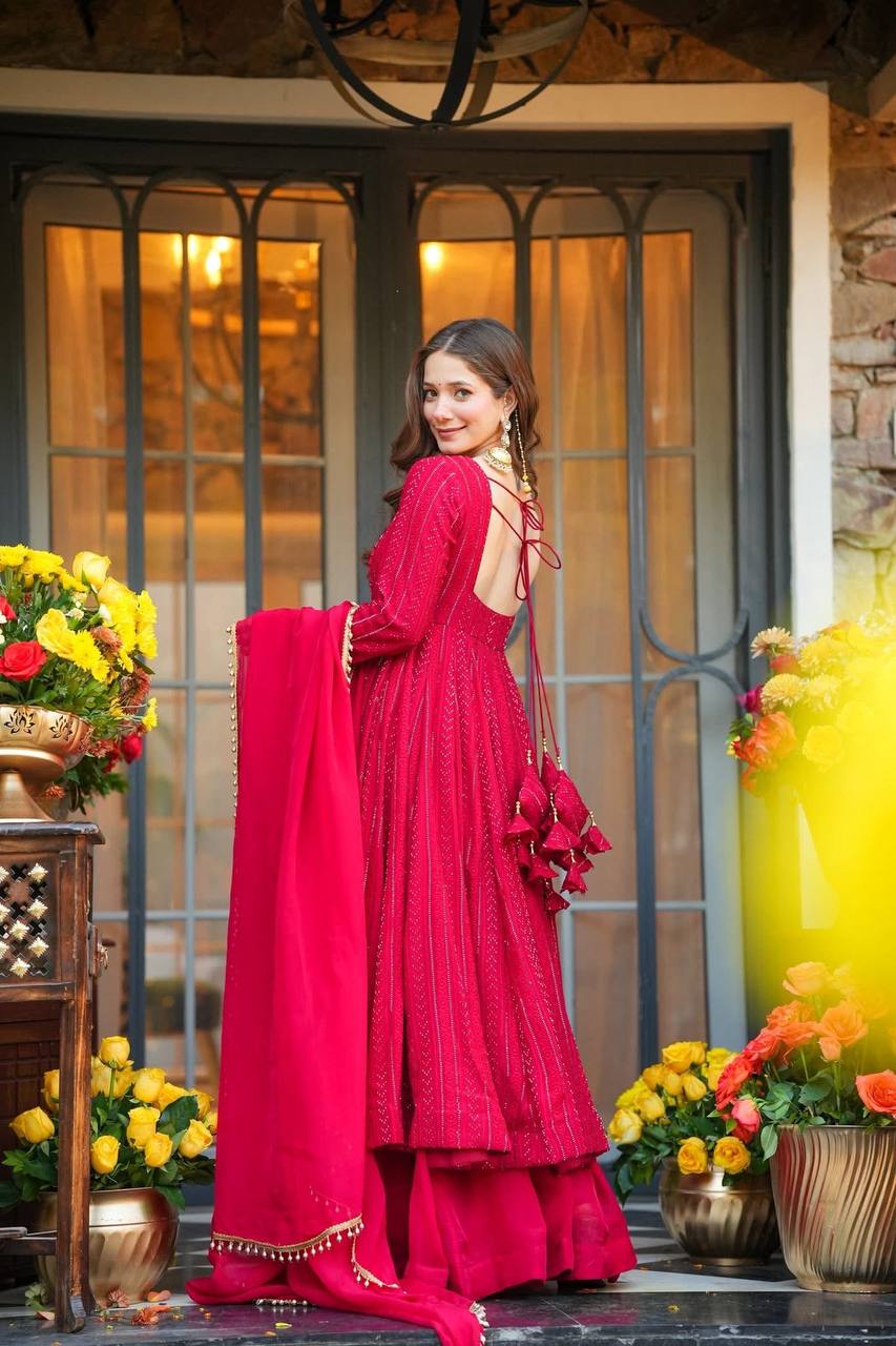 Red Sequins Anarkali Sharara Suit Set for Women | Fully Stitched Partywear Wedding Anarkali with Dupatta