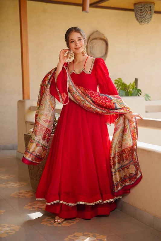 Festive Red Flared Anarkali Palazzo Set with Digital Printed Dupatta