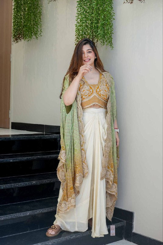 Party Wear Indo-Western Draped Saree Set with Embroidered Shrug - Western Saree Outfit for Women