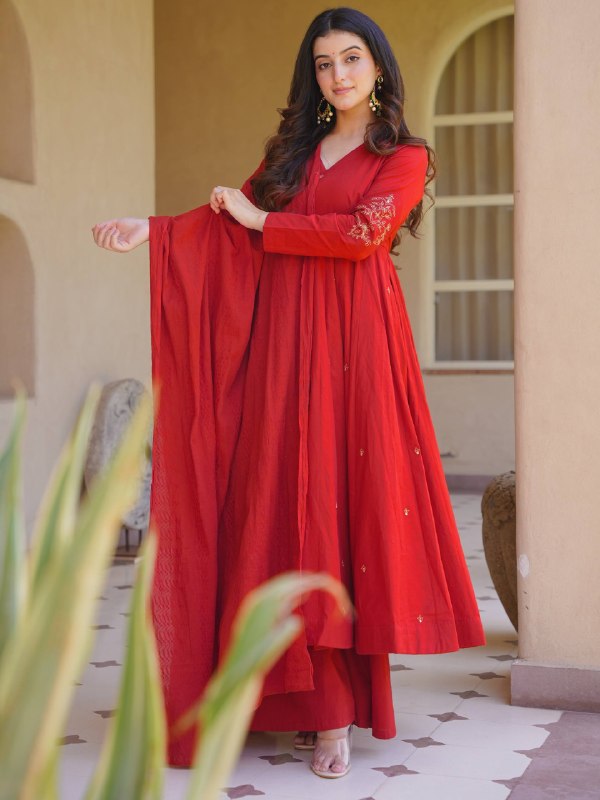 Festive Wear Roman Silk Anarkali Gown Suit Set with Palazzo & Chanderi Dupatta Set | Wedding, Engagement & Reception Outfit