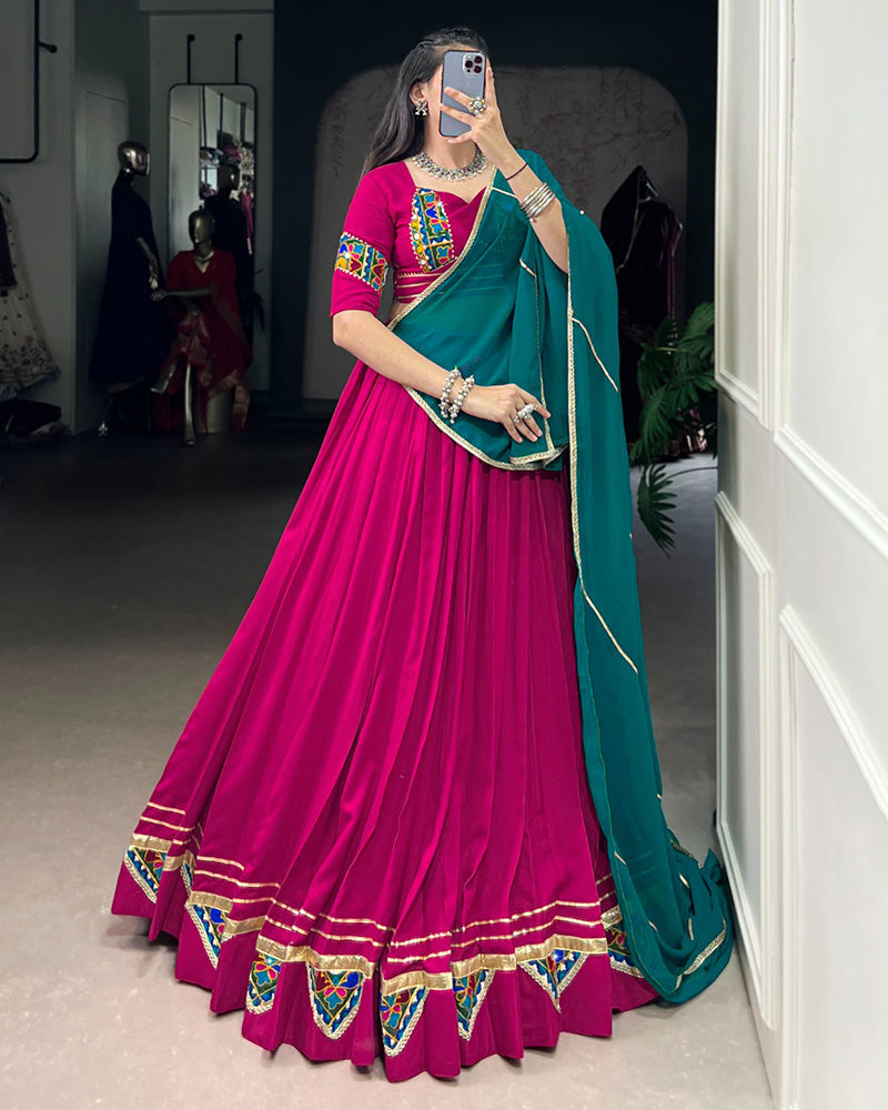 Designer Pink Rayon Lehenga Choli With Traditional Gamthi Patchwork