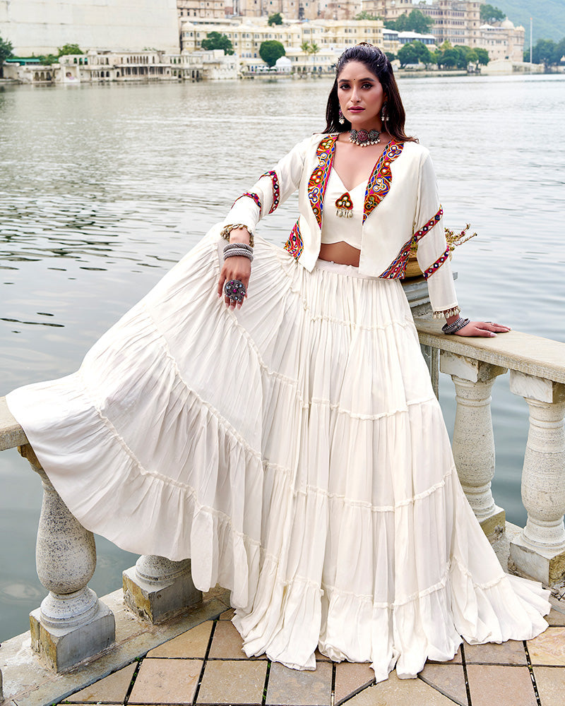 Traditional White Pure Rayon Lehenga Choli for Navratri Festival