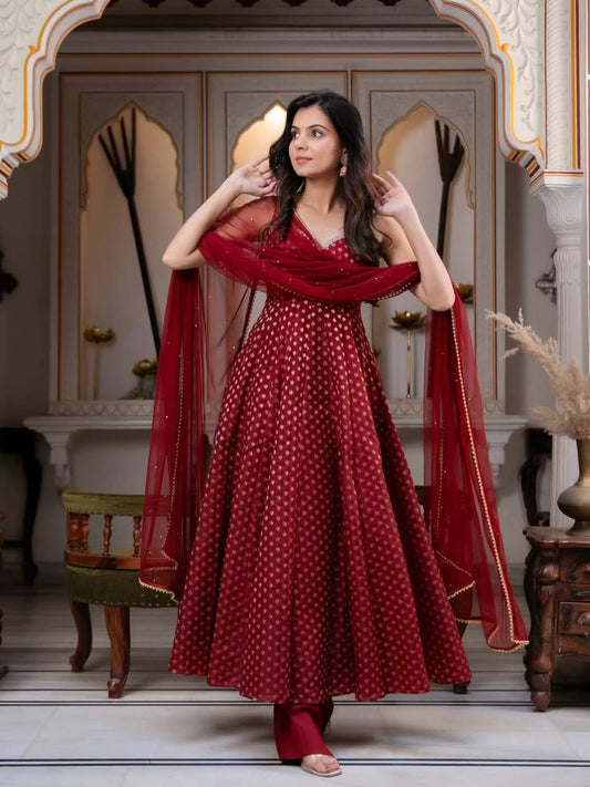 Wine Red Chanderi Jacquard Anarkali Suit Set with Dupatta & Pant