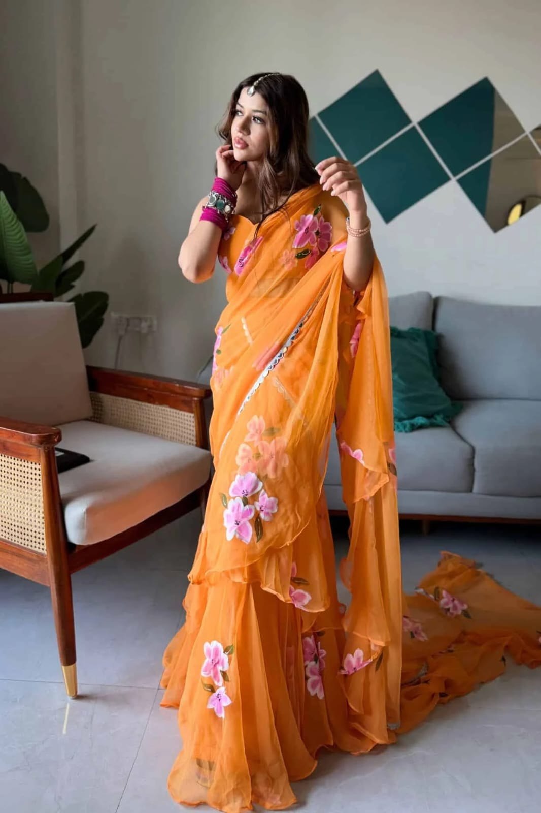 Orange Floral Ruffle Lehenga Saree for Women | Ready-to-Wear Georgette Party Wear Saree