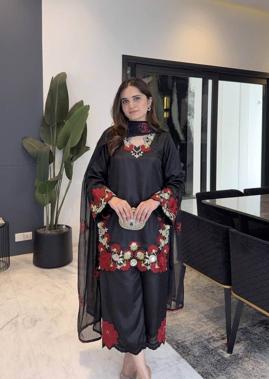Festive  Wear Black Floral Embroidered Pakistani Suit Set