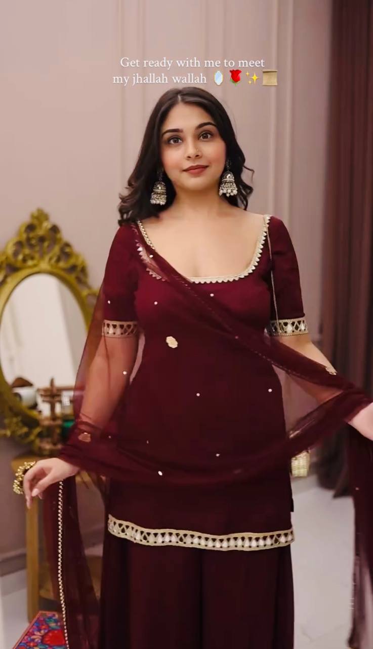 Festive Wear Wine Real Mirror Work Palazzo Suit Set with Dupatta