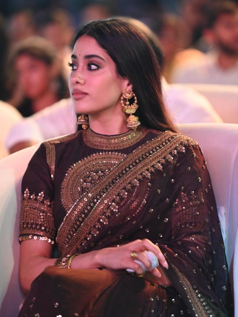 Celebrity Inspired Chocolate Brown Sequins Saree with Designer Blouse | Luxury Party Wear Saree for Women