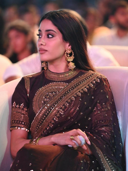 Celebrity Inspired Chocolate Brown Sequins Saree with Designer Blouse | Luxury Party Wear Saree for Women