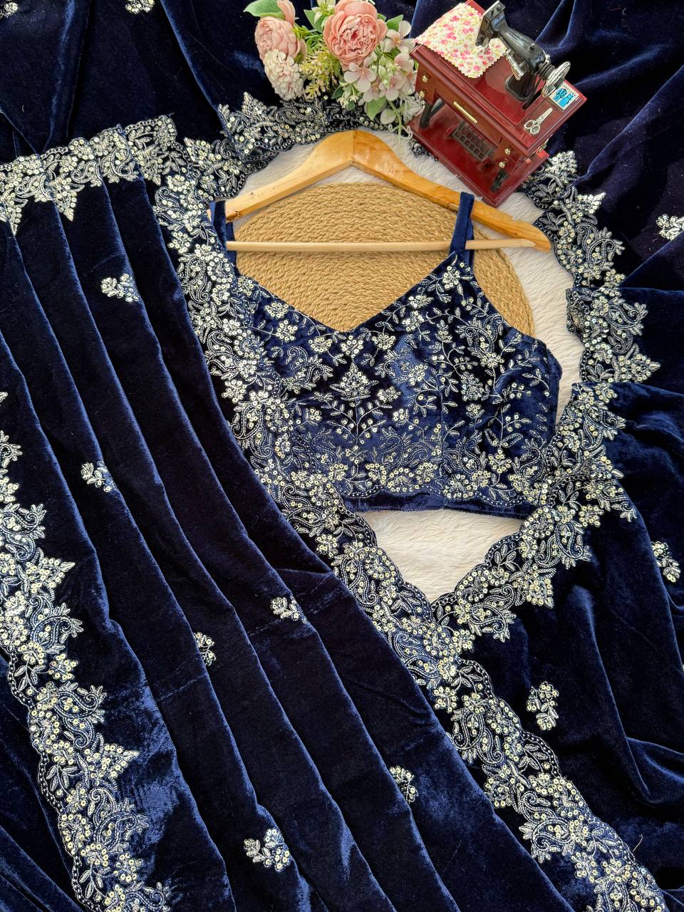 Designer Navy Blue Velvet Party Wear Saree with Heavy Silver Embroidery Border work