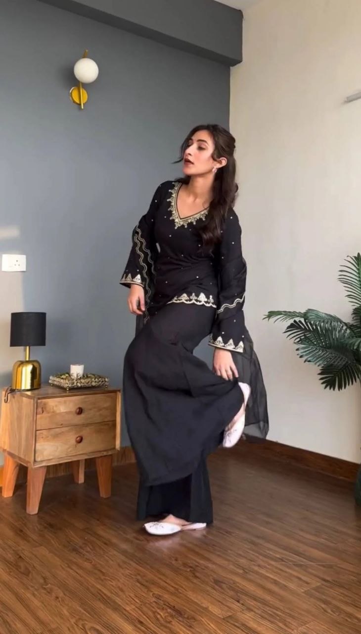 Black Designer Kurta Palazzo Set with Organza Dupatta for Women