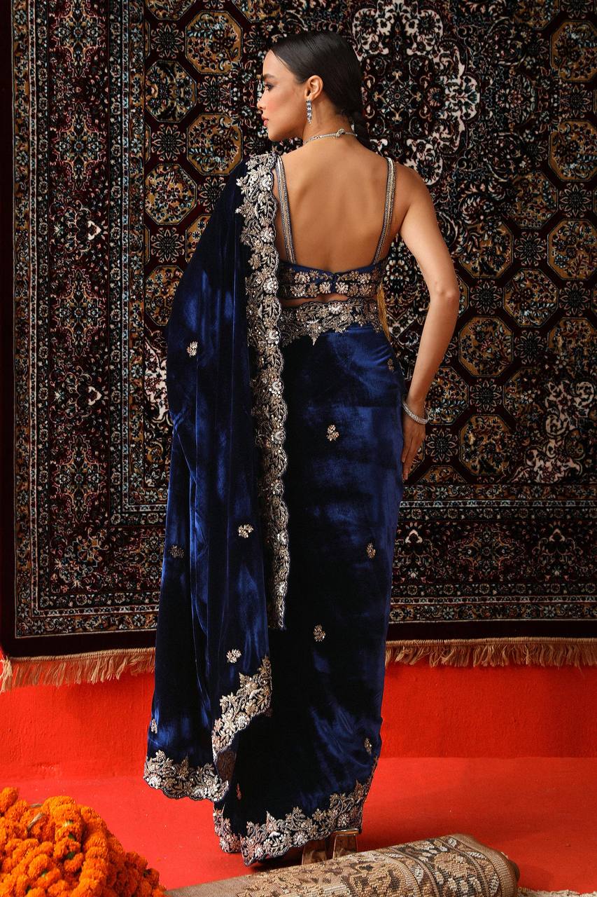 Designer Navy Blue Velvet Party Wear Saree with Heavy Silver Embroidery Border work