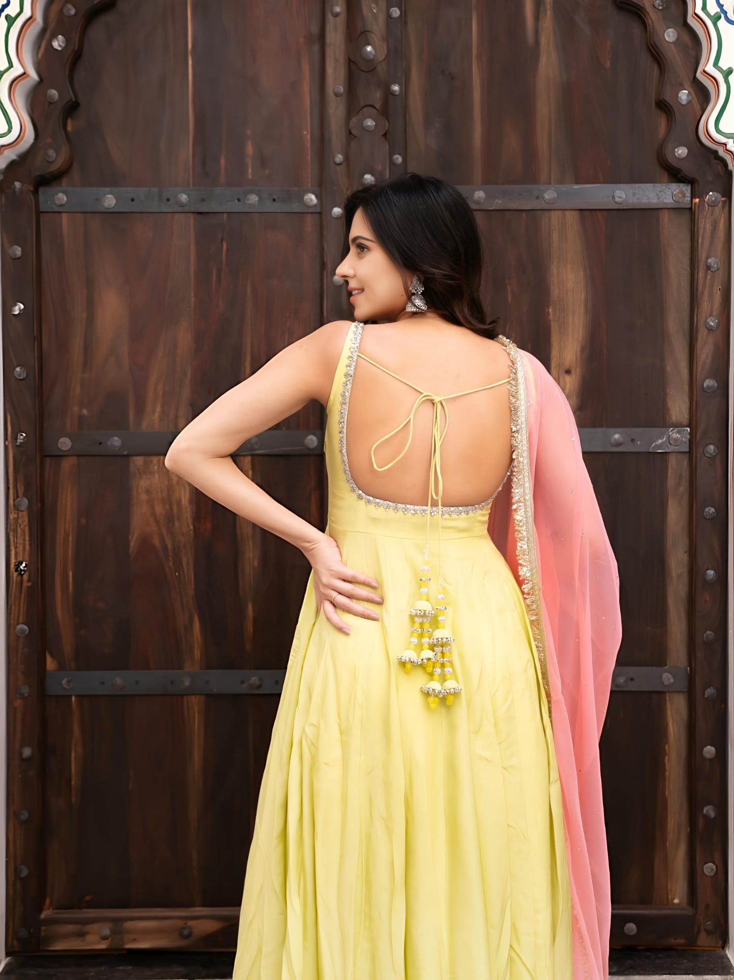 Sangeet Special Yellow Anarkali Suit Set with Pink Dupatta | Designer Festive & Party Wear for Women