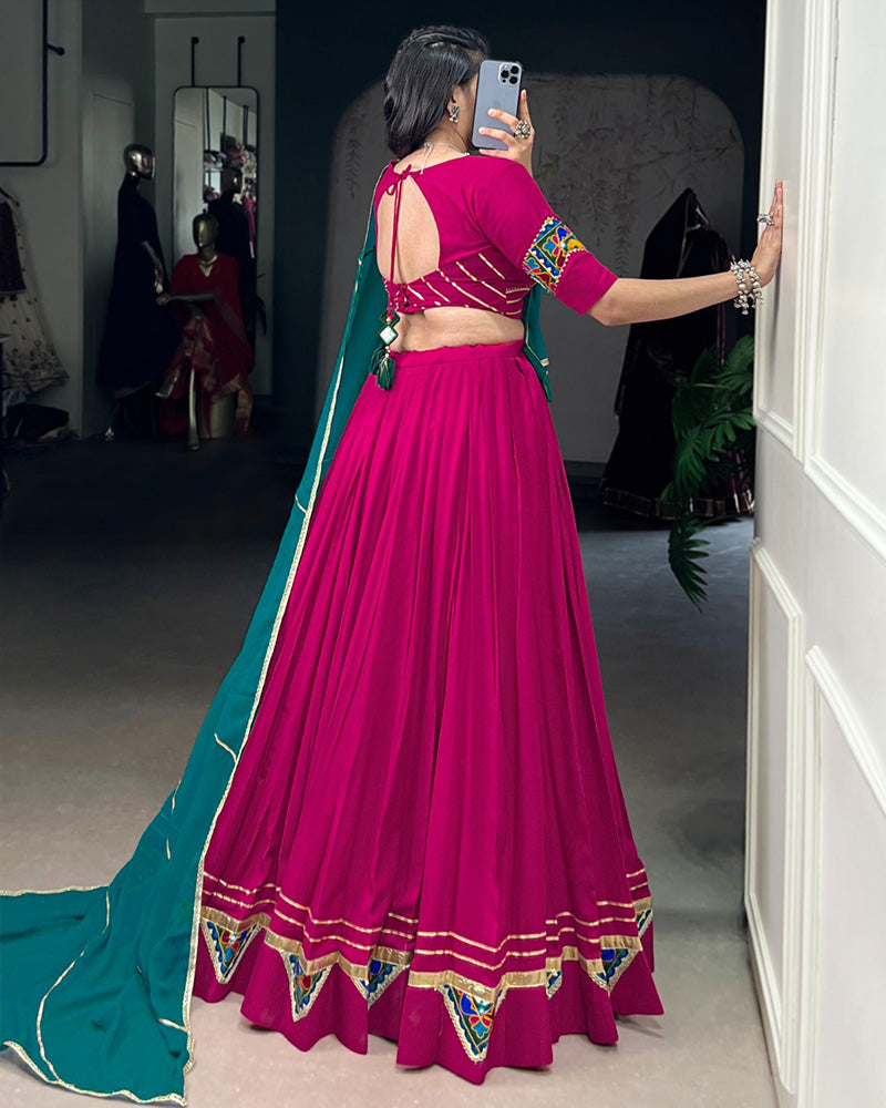 Designer Pink Rayon Lehenga Choli With Traditional Gamthi Patchwork