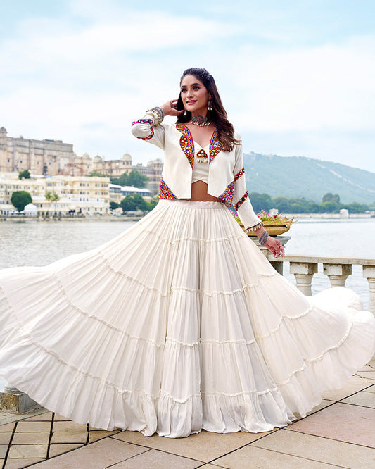 Traditional White Pure Rayon Lehenga Choli for Navratri Festival
