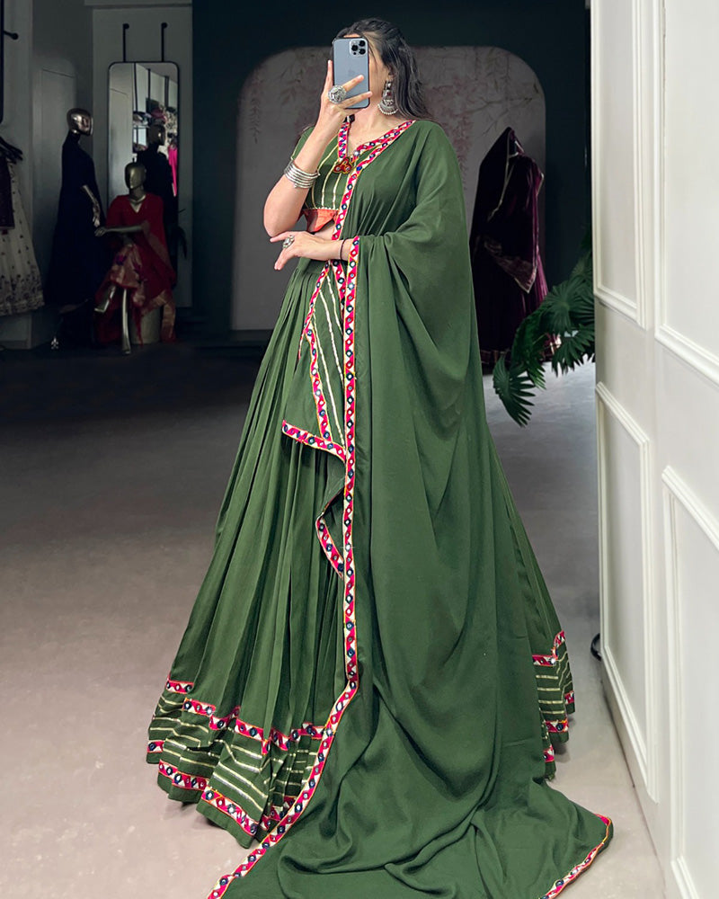 Traditional Mehndi Color Rayon Lehenga Choli for Navratri and Garba