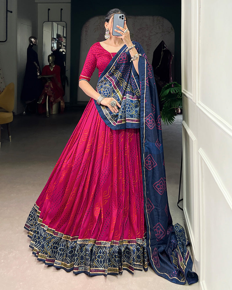 Festive Pink Tussar Silk Bandhej Lehenga Choli for Weddings and Parties