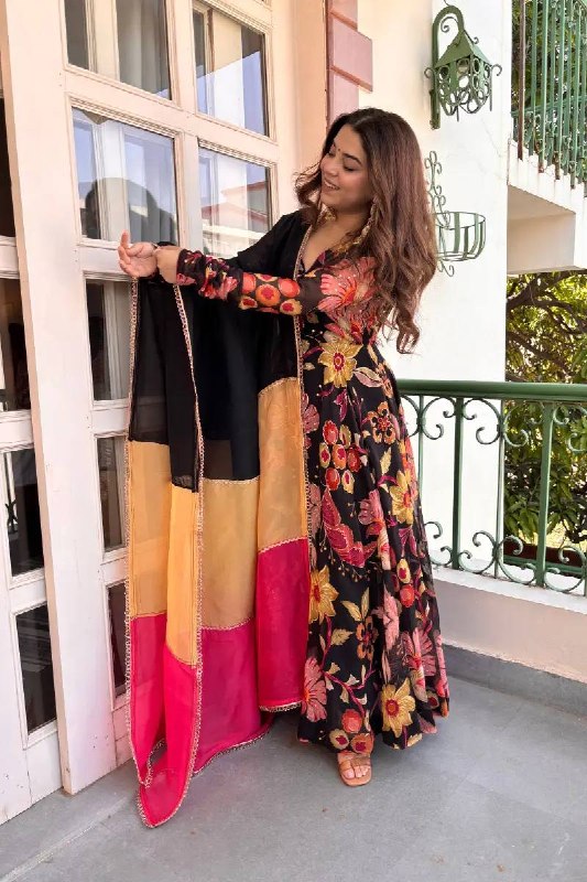 Festive Black Floral Anarkali Suit with Organza Dupatta For Women