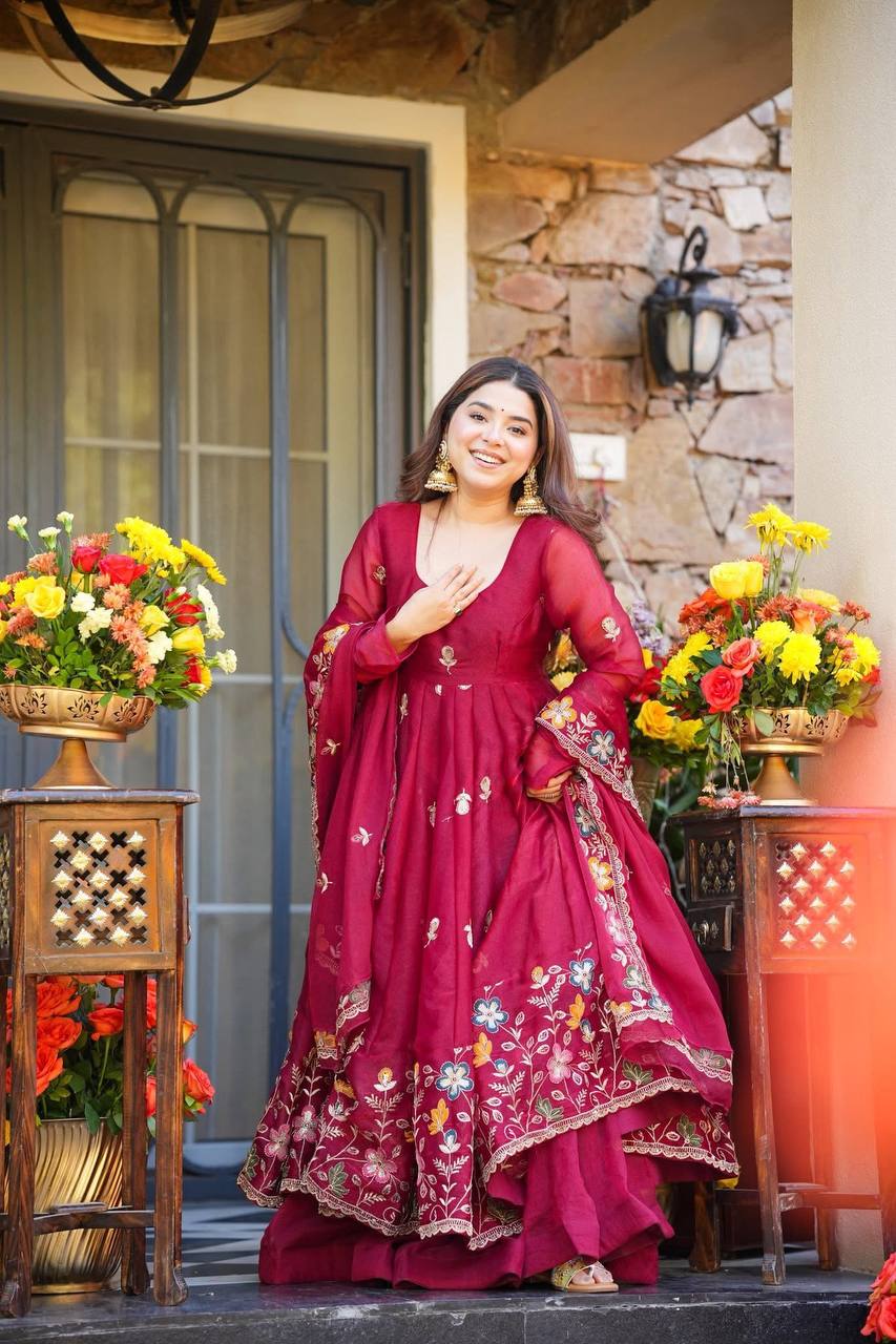 Floral Anarkali Palazzo Set with Thread & Sequin Embroidery | Wedding & Festive Wear