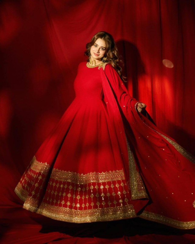 Red Vichitra Silk Anarkali Gown Set with Dupatta & Pant