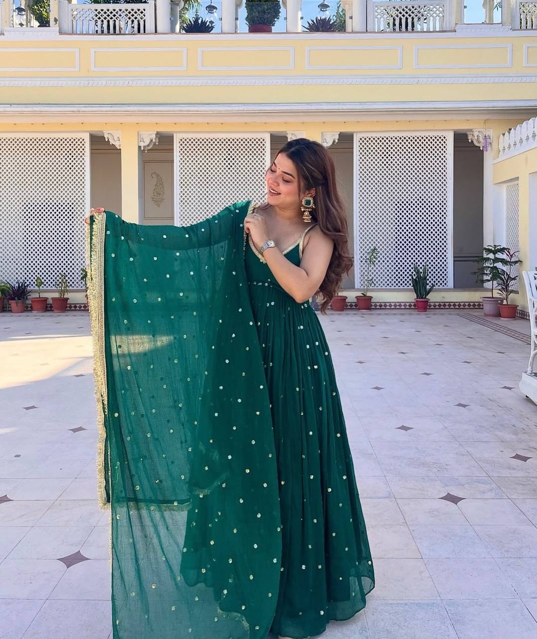 Emerald Green Faux Blooming Gown Set with Heavy Sequin & Zari Work, Pant & Dupatta