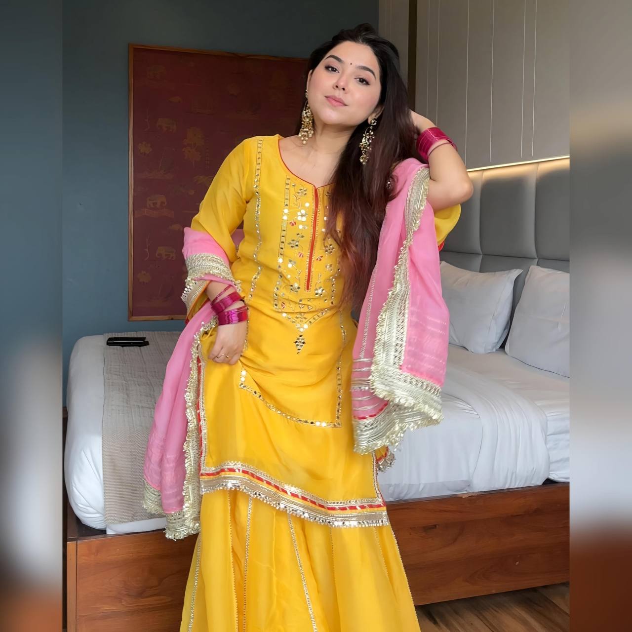 Sunshine Yellow Readymade Sharara Suit Set with Pink Dupatta – Mirror Work Festive Wear for Women