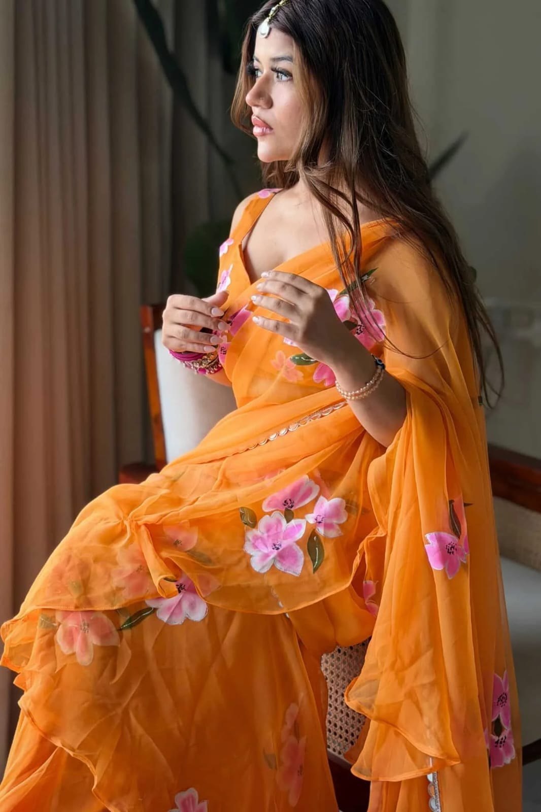 Orange Floral Ruffle Lehenga Saree for Women | Ready-to-Wear Georgette Party Wear Saree