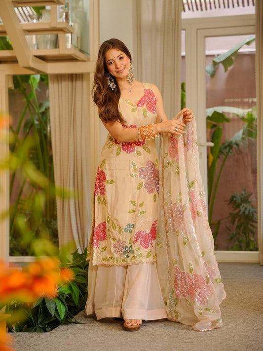 Beige Floral Organza Silk Palazzo Sharara Suit Set for Women| Party Wear Palazzo Sharara Suit