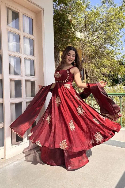 Fendy Silk Anarkali Suit Set with Palazzo & Dupatta – Sequins Embroidered Party Wear for Women
