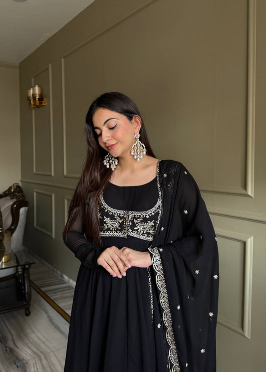 Black Georgette Anarkali Suit Set for Women | Fully Stitched Elegant Partywear Anarkali dress