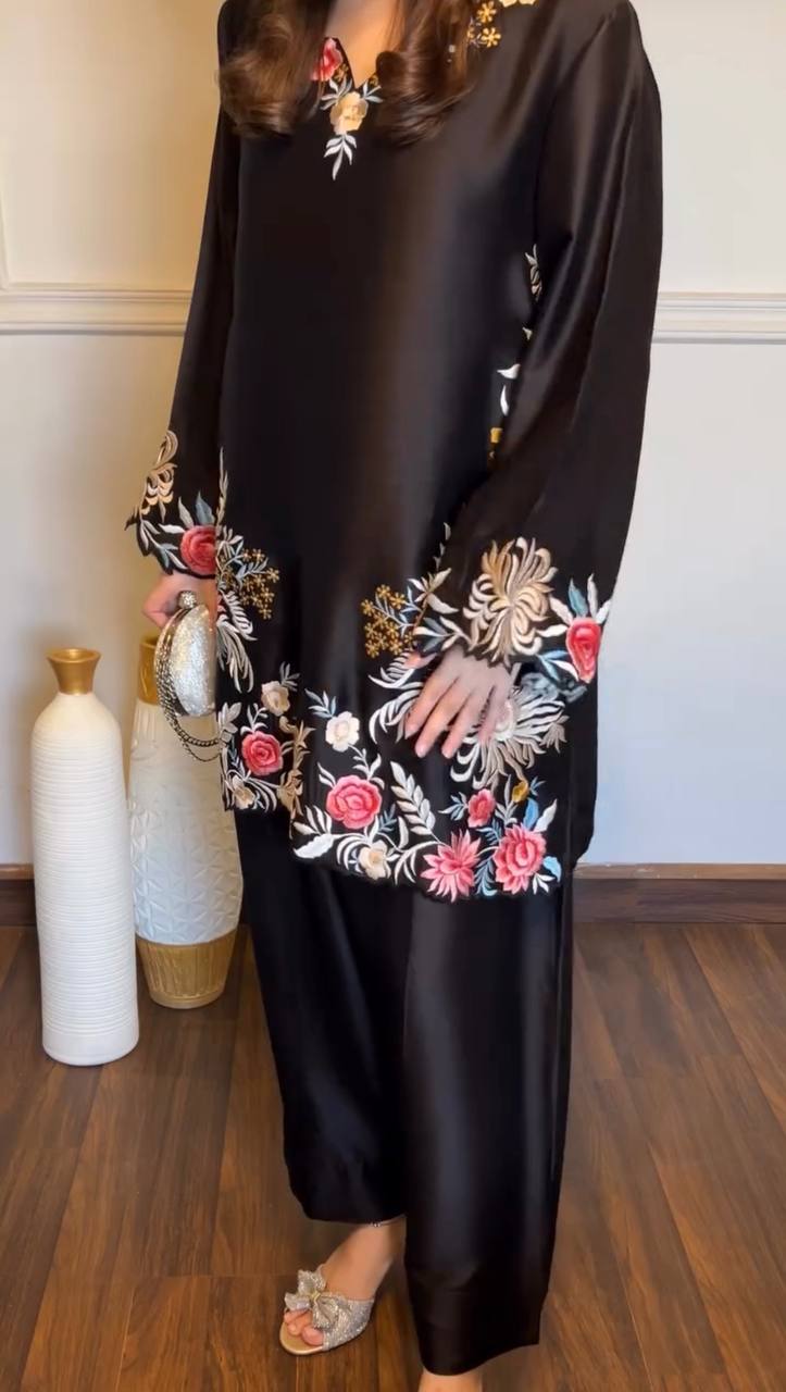 Black Party Wear Floral Co-Ord Palazzo Suit Set