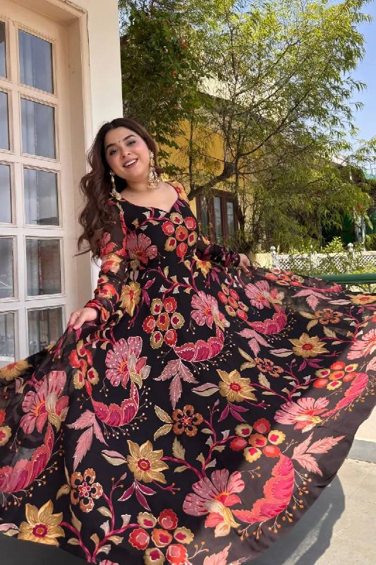 Festive Black Floral Anarkali Suit with Organza Dupatta For Women