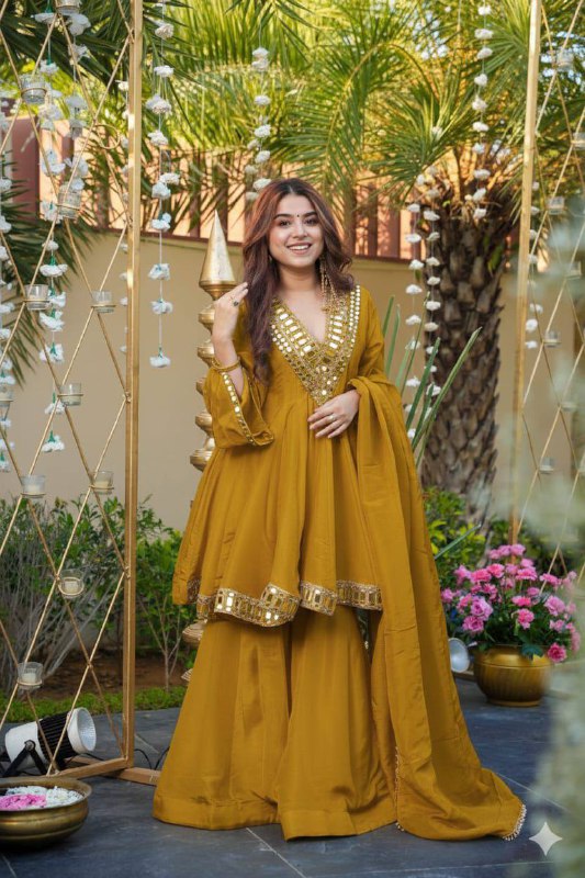 Festive Wear Cream Cosmos Fabric Mirror Work Anarkali Palazzo Set