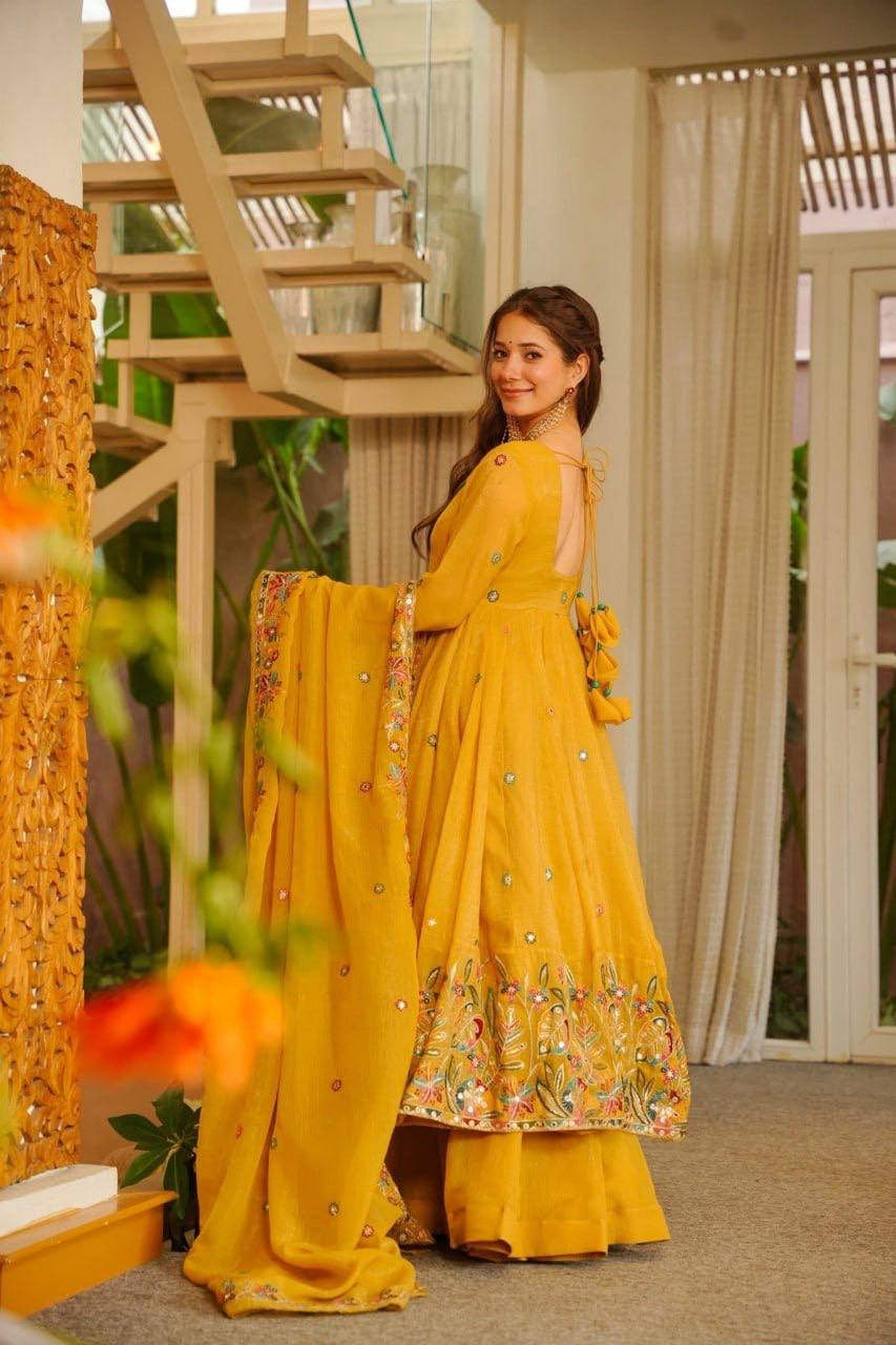 Mustard Yellow Embroidered Anarkali Palazzo Set With Dupatta | Designer Festive Wear for Women