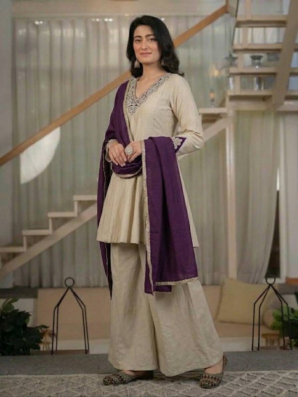 Wedding Wear Ivory Chinnon Silk Kurta Palazzo Suit Set | Wedding Wear Festive Party Wear Ethnic Dress