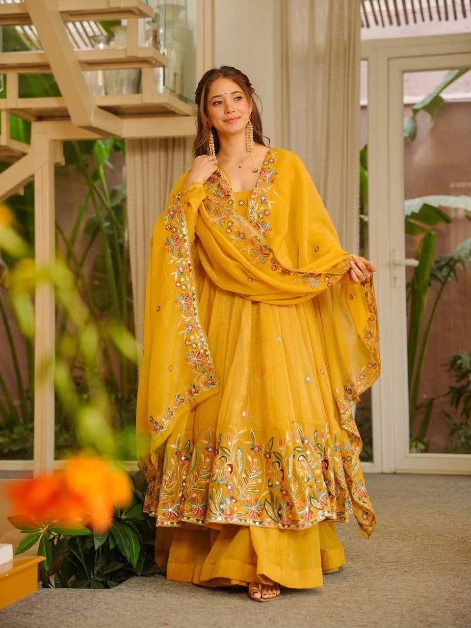 Mustard Yellow Embroidered Anarkali Palazzo Set With Dupatta | Designer Festive Wear for Women