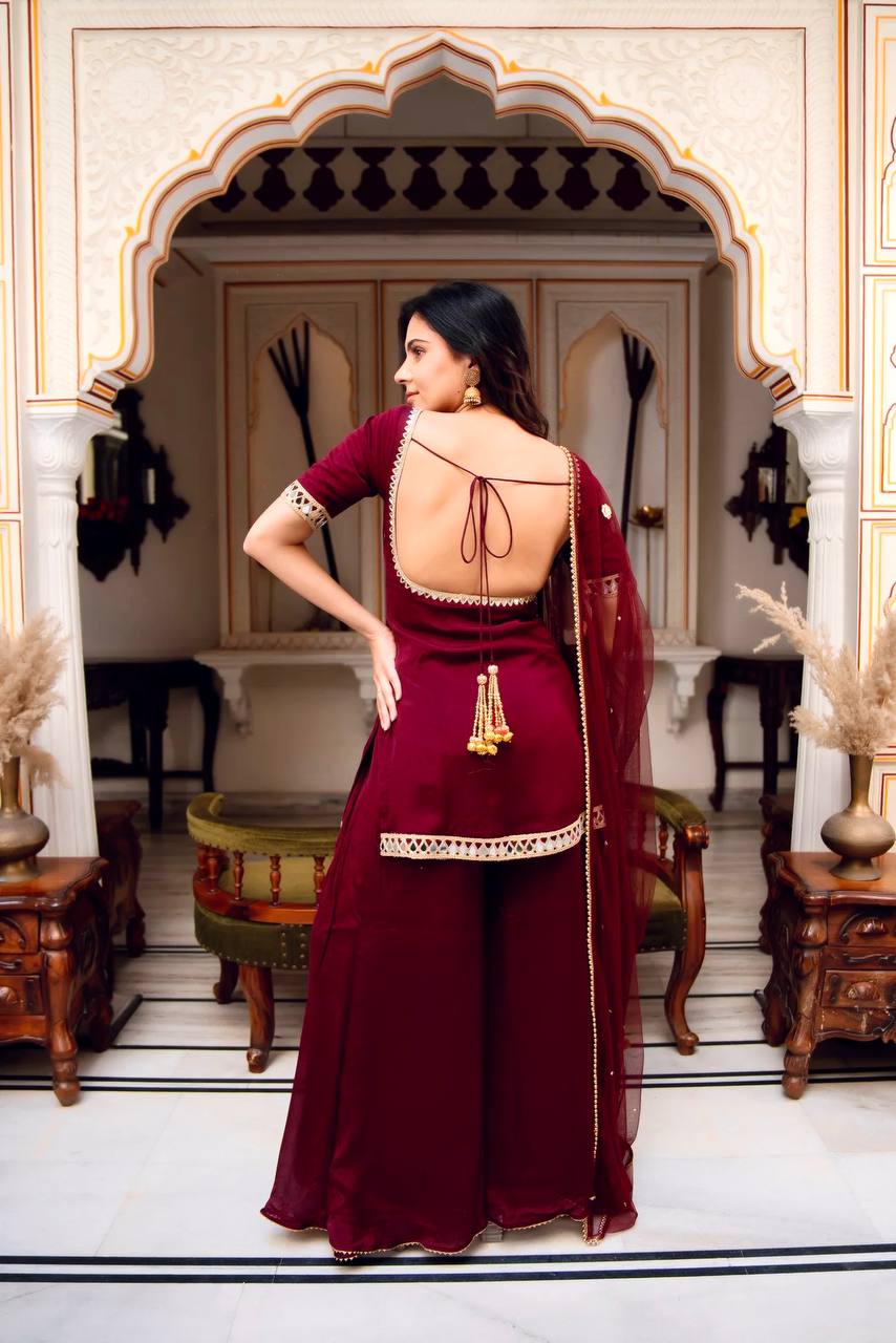 Festive Wear Wine Real Mirror Work Palazzo Suit Set with Dupatta