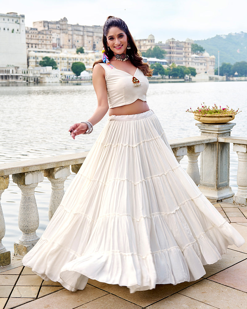 Traditional White Pure Rayon Lehenga Choli for Navratri Festival