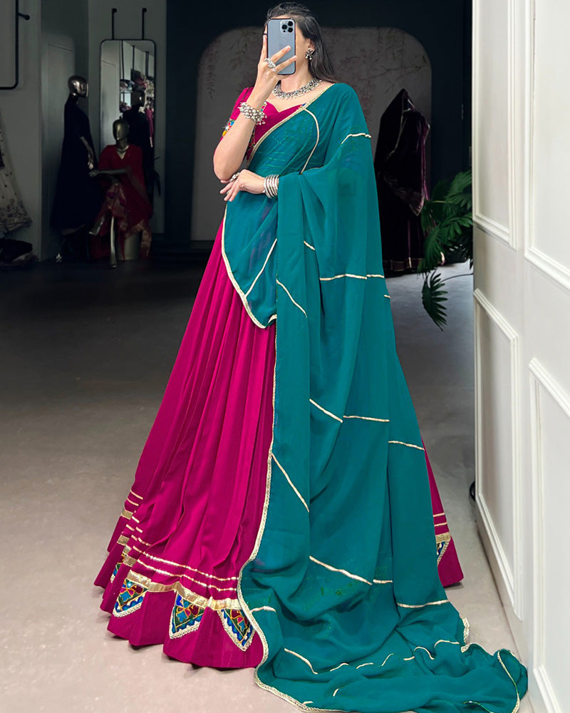 Designer Pink Rayon Lehenga Choli With Traditional Gamthi Patchwork