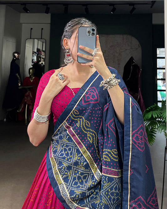 Festive Pink Tussar Silk Bandhej Lehenga Choli for Weddings and Parties