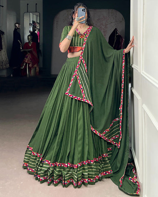 Traditional Mehndi Color Rayon Lehenga Choli for Navratri and Garba