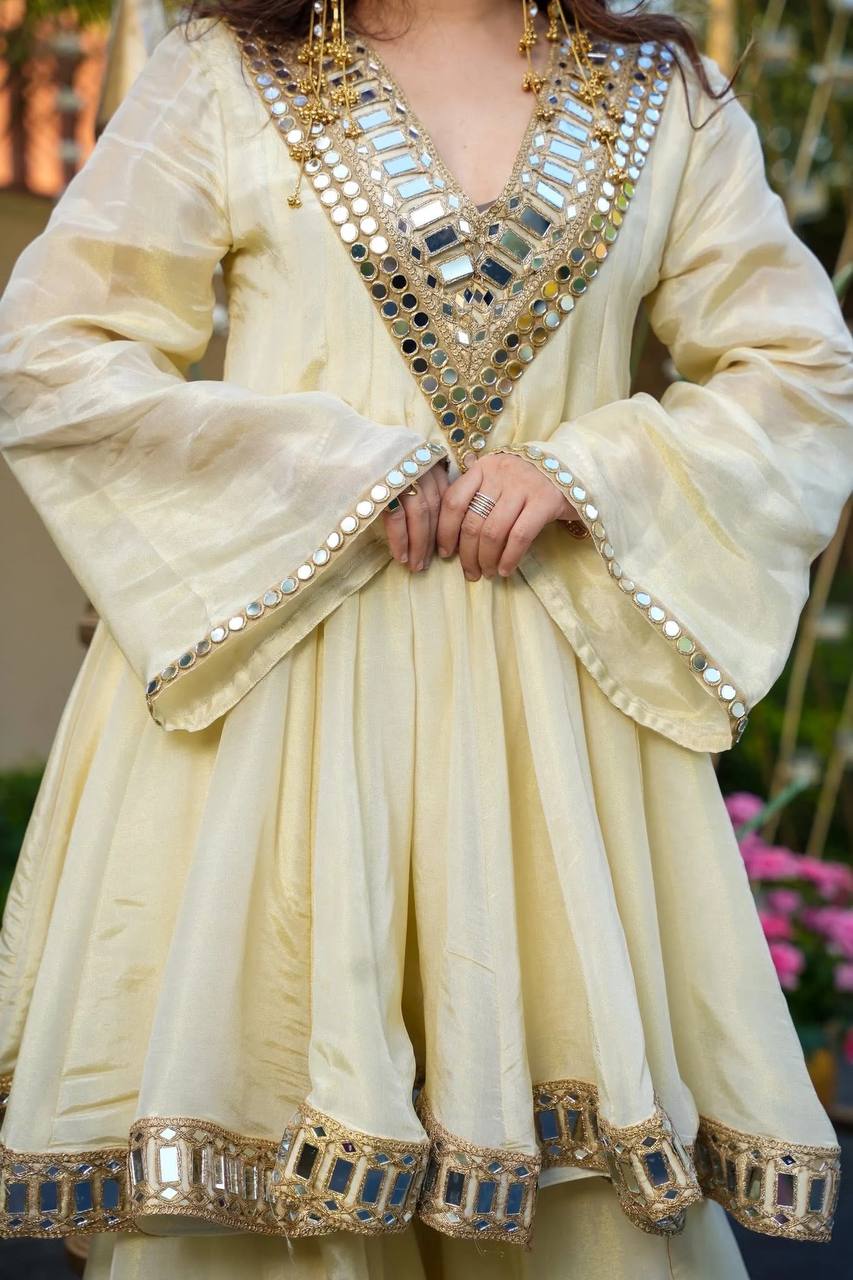 Festive Wear Cream Cosmos Fabric Mirror Work Anarkali Palazzo Set