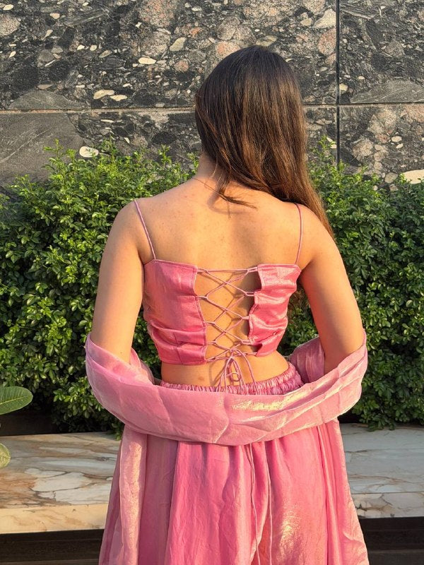 Elegant Soft Glam Pink Fendy Silk Palazzo Sharara Set