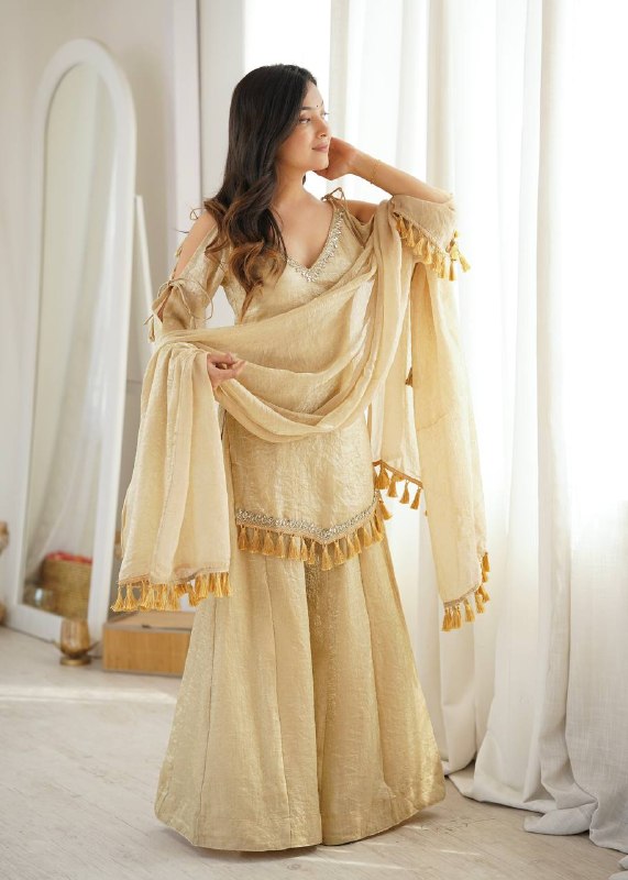 Champagne Beige Mirror Work Kurta Palazzo Suit for Women