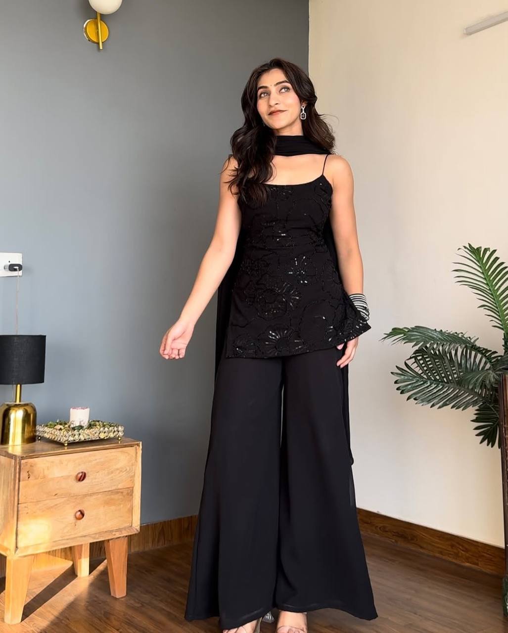 Festive Wear Classic 90's Inspired Black Cosmos Kurta Palazzo Set with Dupatta