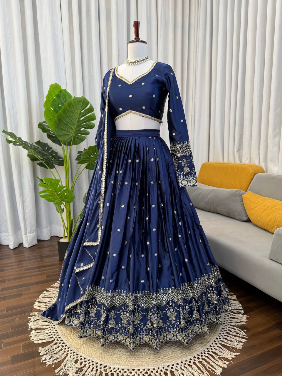 Royal Navy Blue Satin Lehenga with Sequin Work & Designer Dupatta set