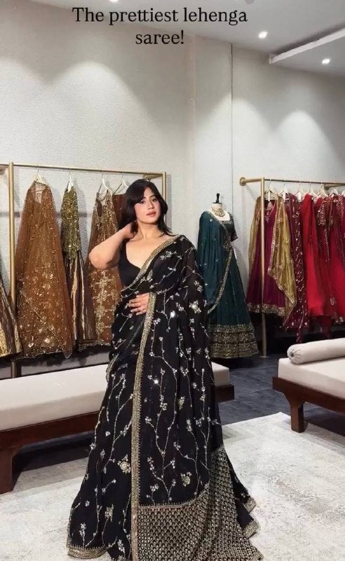 Festive Party Wear Ready-to-Wear Black Georgette Lehenga Saree Set for Women