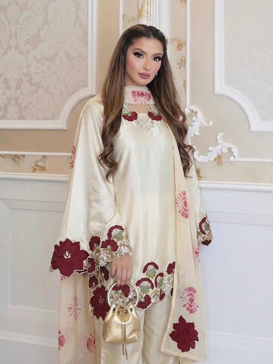 Rakhi Special Ivory Floral Embroidered Pakistani Suit Set with Dupatta | Luxury Festive Wear for Women