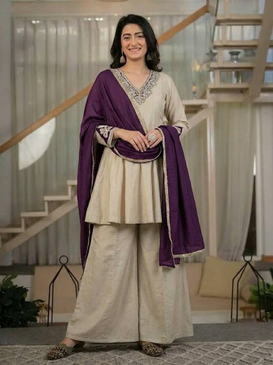 Wedding Wear Ivory Chinnon Silk Kurta Palazzo Suit Set | Wedding Wear Festive Party Wear Ethnic Dress