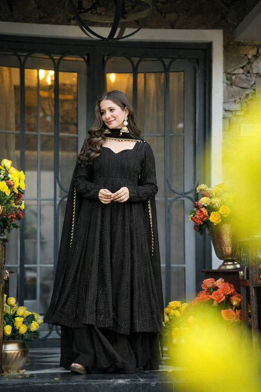Black Anarkali Suit Set for Women | Fully Stitched Partywear Anarkali with Dupatta for Wedding & Sangeet